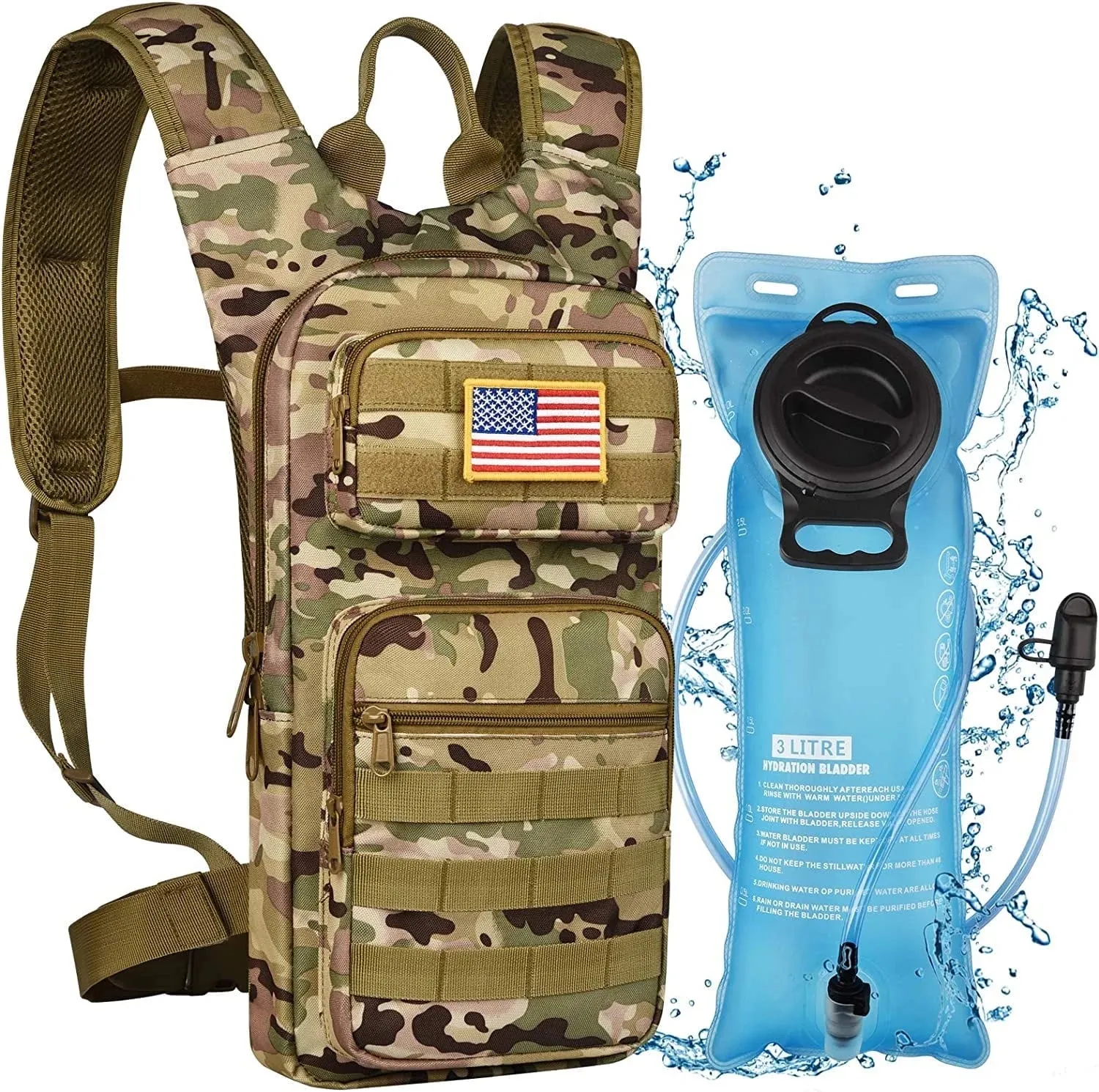 17L Hydration Backpack with 3L TPU Water Bladder, Water Backpack Hydration Pack for Hunting Hiking Cycling Climbing Biking Running, Molle Compatible Water Backpack for Adult, Tan