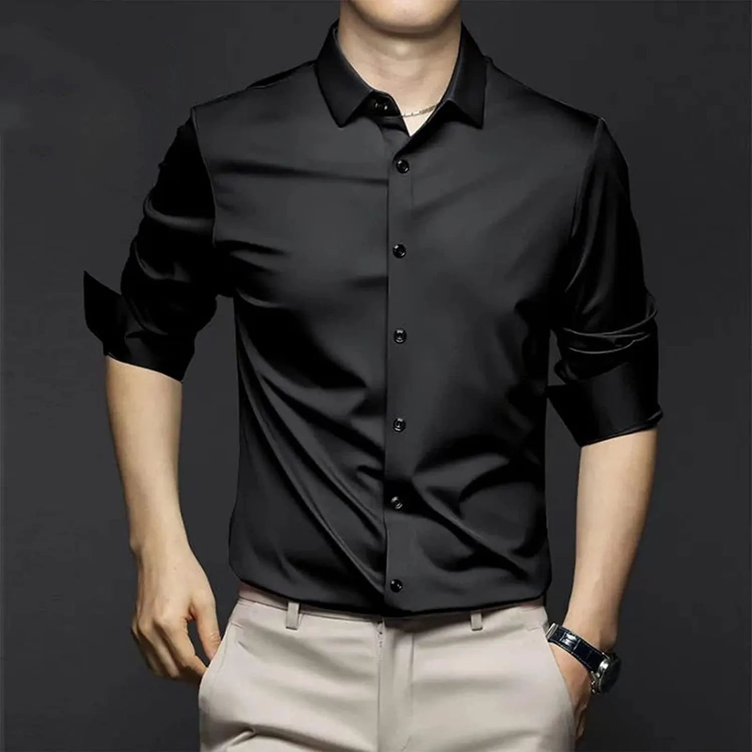 2023 Men's Classic Wrinkle-Resistant Shirt Button Down Dress Stretch Anti-Wrinkle (Color : Black, Size : X-Large)