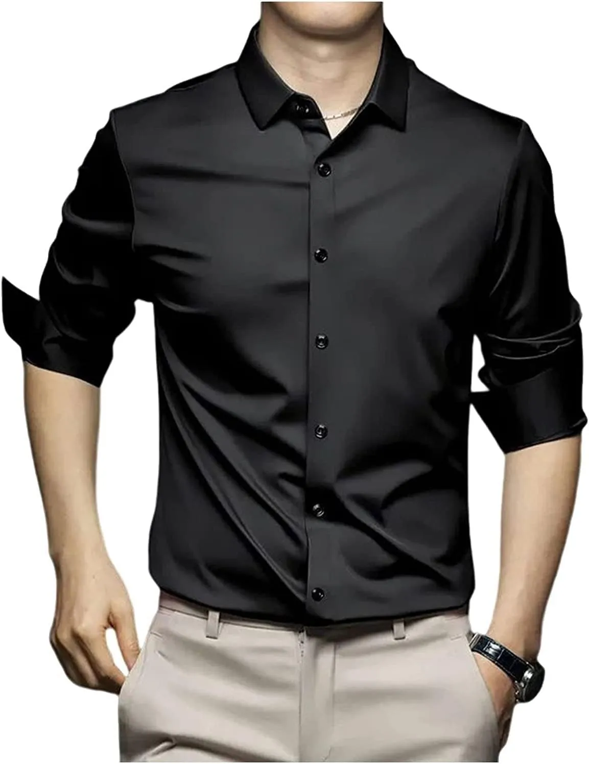2023 Men's Classic Wrinkle-Resistant Shirt Button Down Dress Stretch Anti-Wrinkle (Color : Black, Size : X-Large)