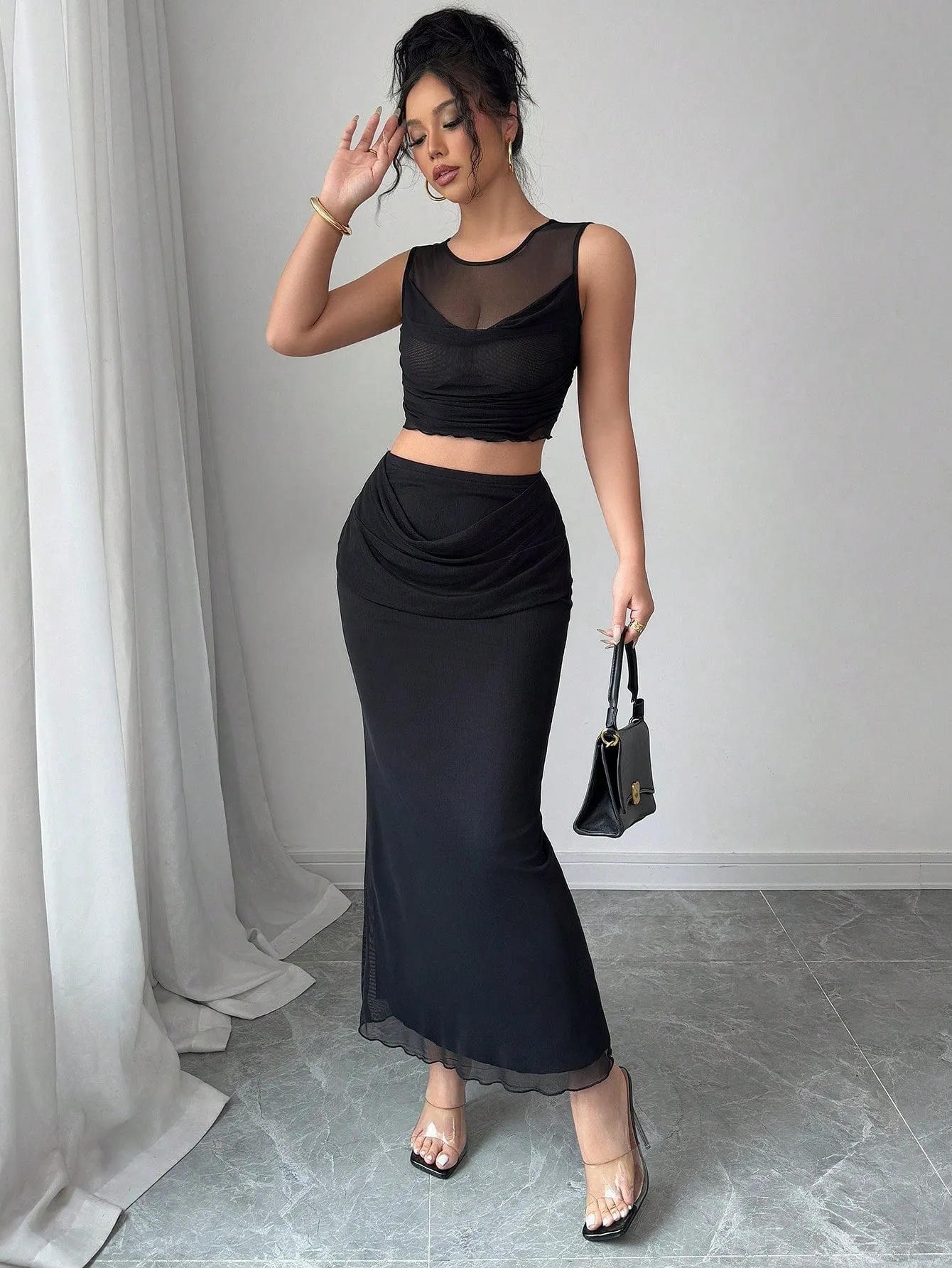 2pcs/Set Women Sheer Mesh Splice Cropped Tank Top And Skirt Set
