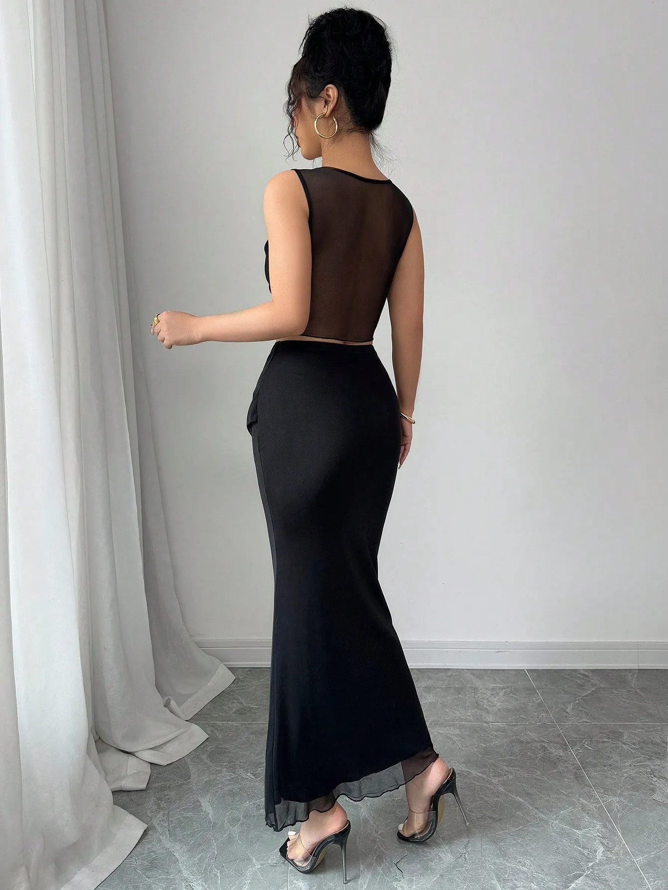 2pcs/Set Women Sheer Mesh Splice Cropped Tank Top And Skirt Set