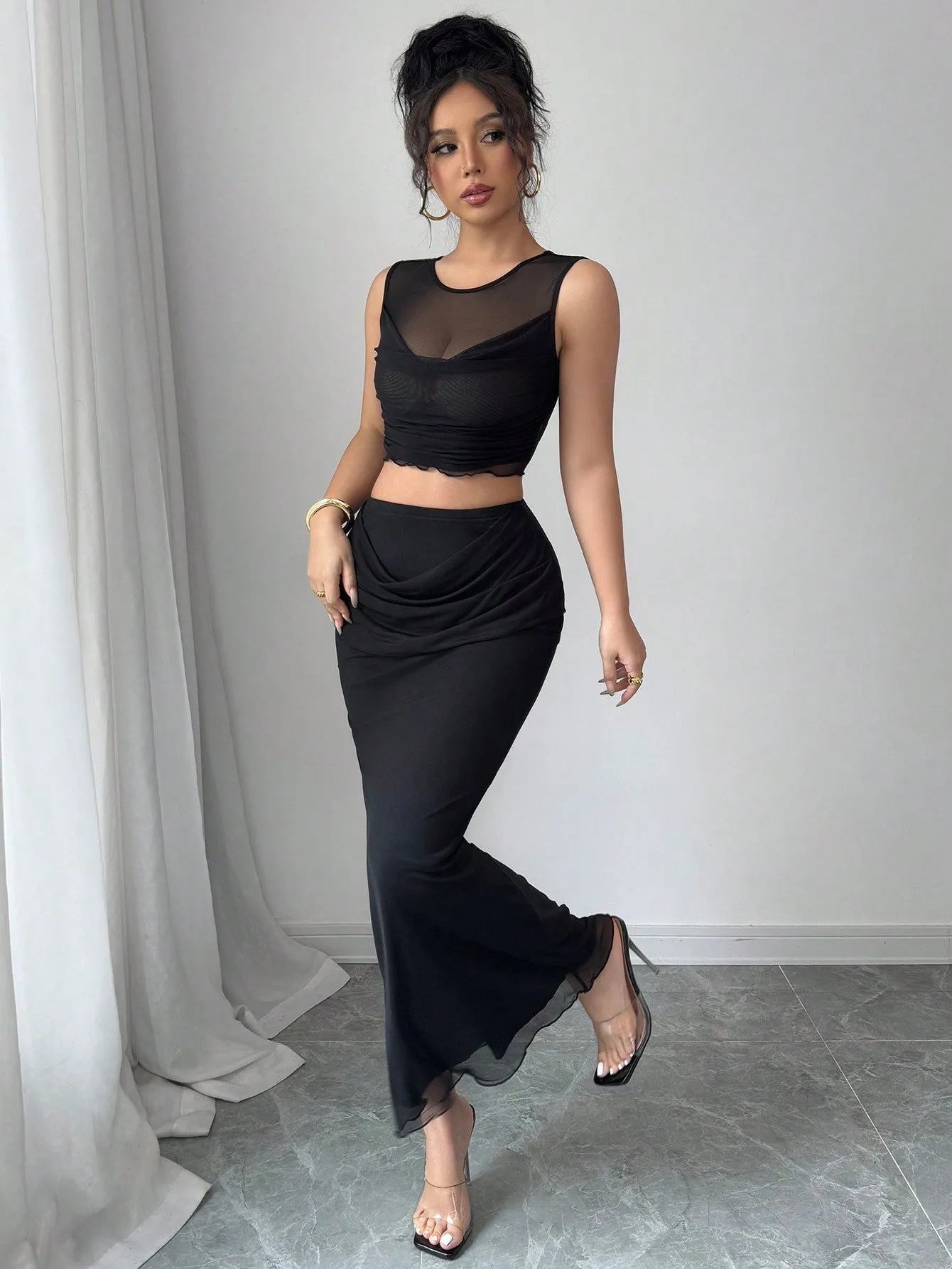 2pcs/Set Women Sheer Mesh Splice Cropped Tank Top And Skirt Set