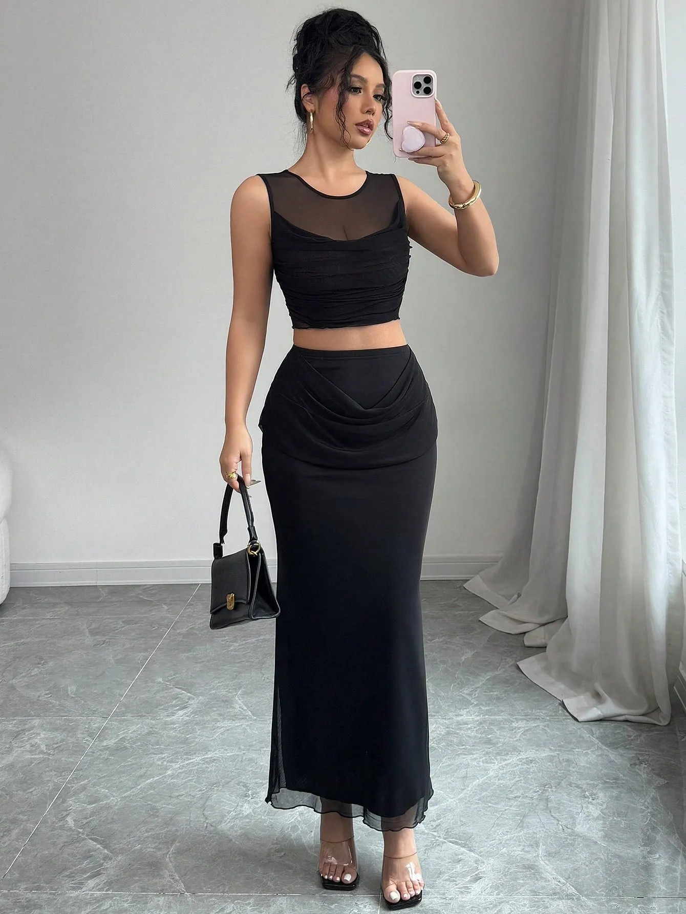 2pcs/Set Women Sheer Mesh Splice Cropped Tank Top And Skirt Set