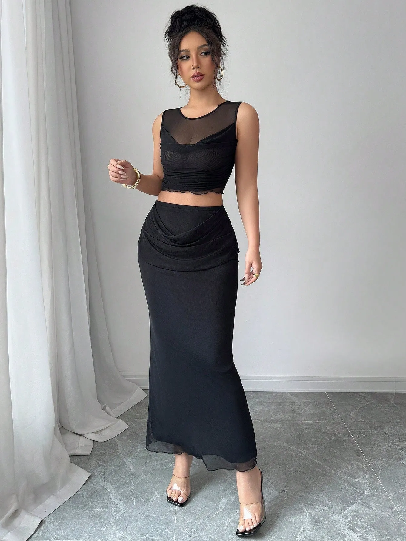 2pcs/Set Women Sheer Mesh Splice Cropped Tank Top And Skirt Set