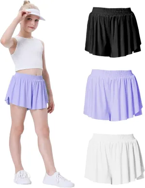 3 Pack Soft Girls Butterfly Shorts 7-16 Comfortable 2-in-1 Kids Flowy Shorts for Running, Dance, Sports