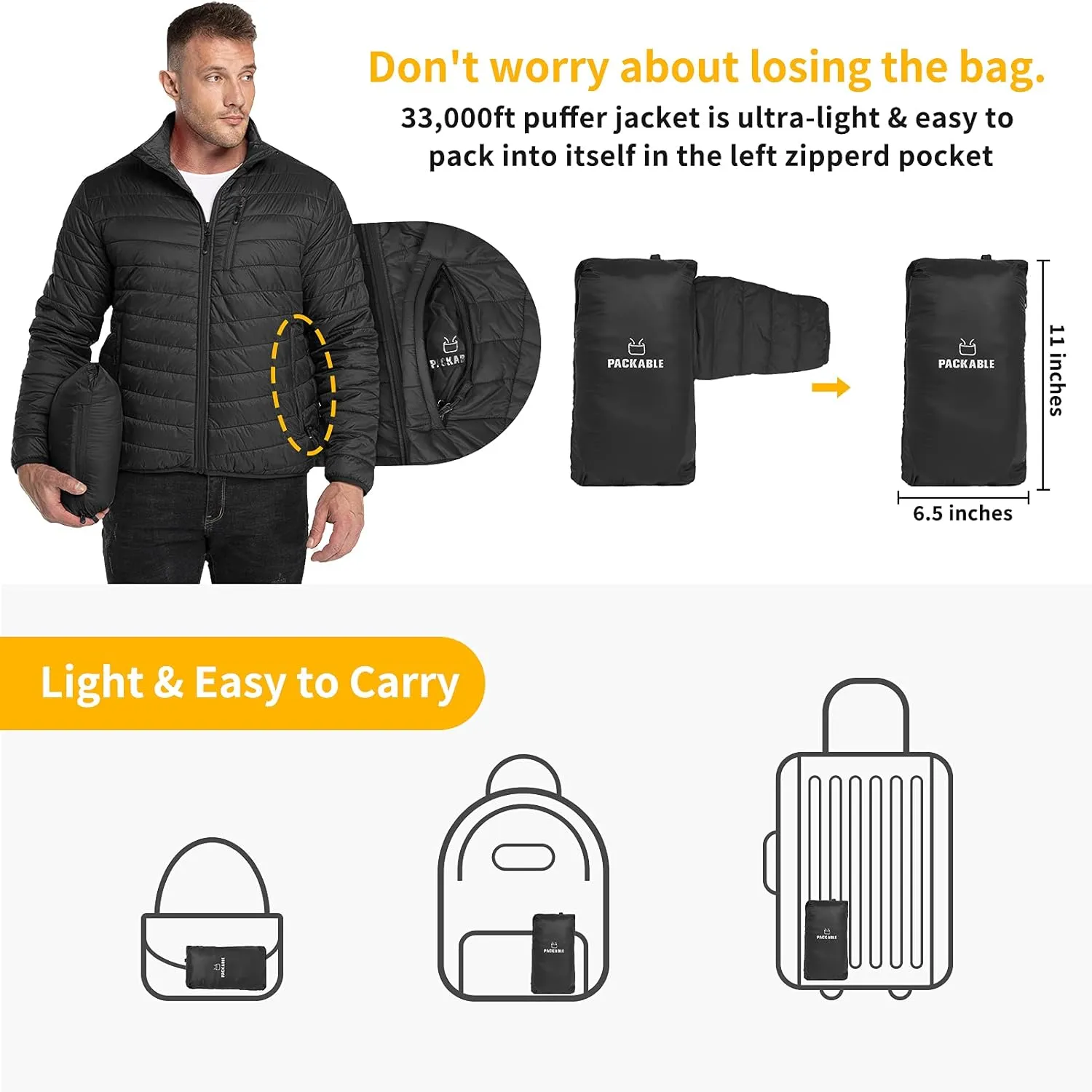 33,000ft Men's Puffer Jacket Lightweight Packable Winter Jacket
