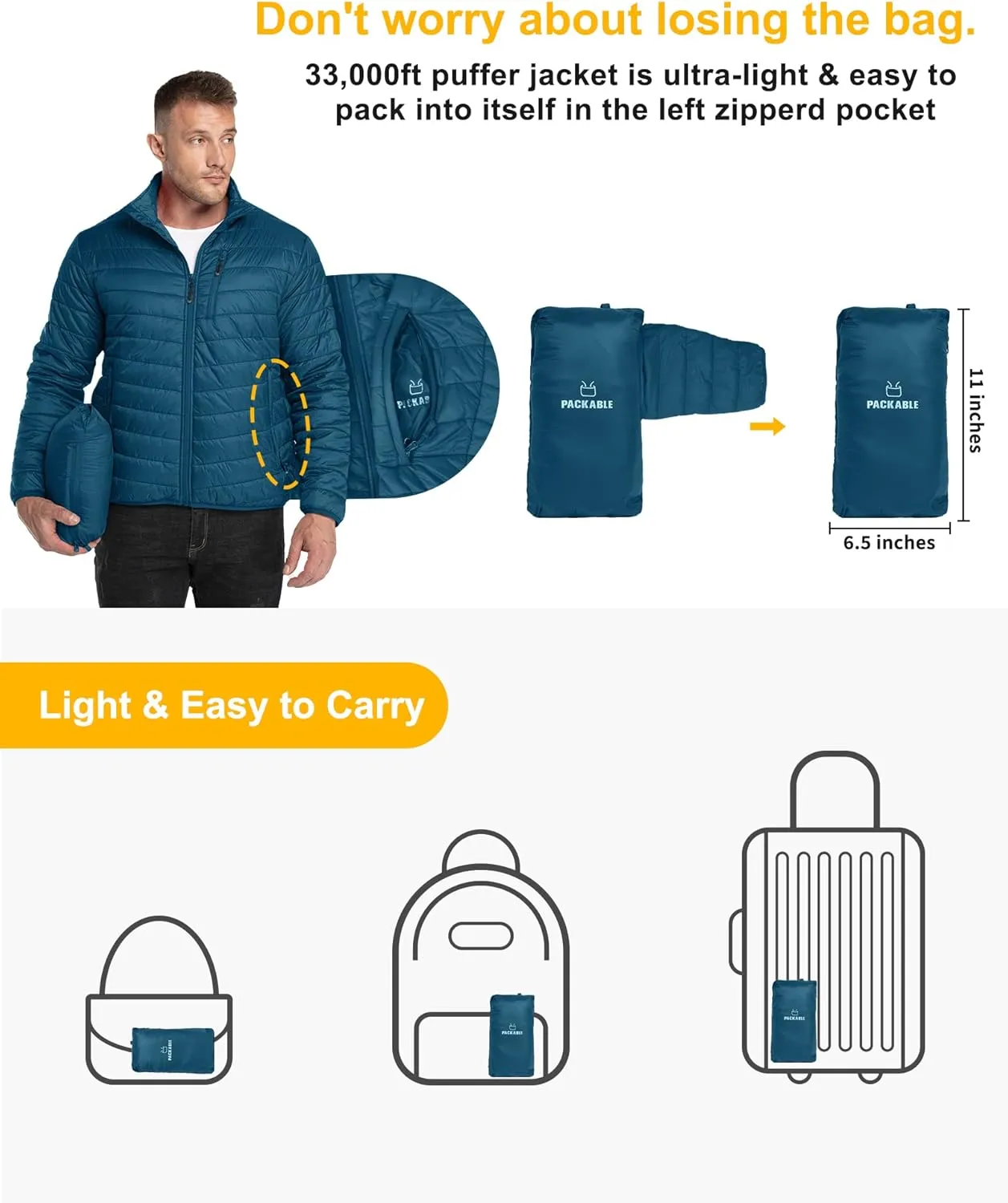 33,000ft Men's Puffer Jacket Lightweight Packable Winter Jacket