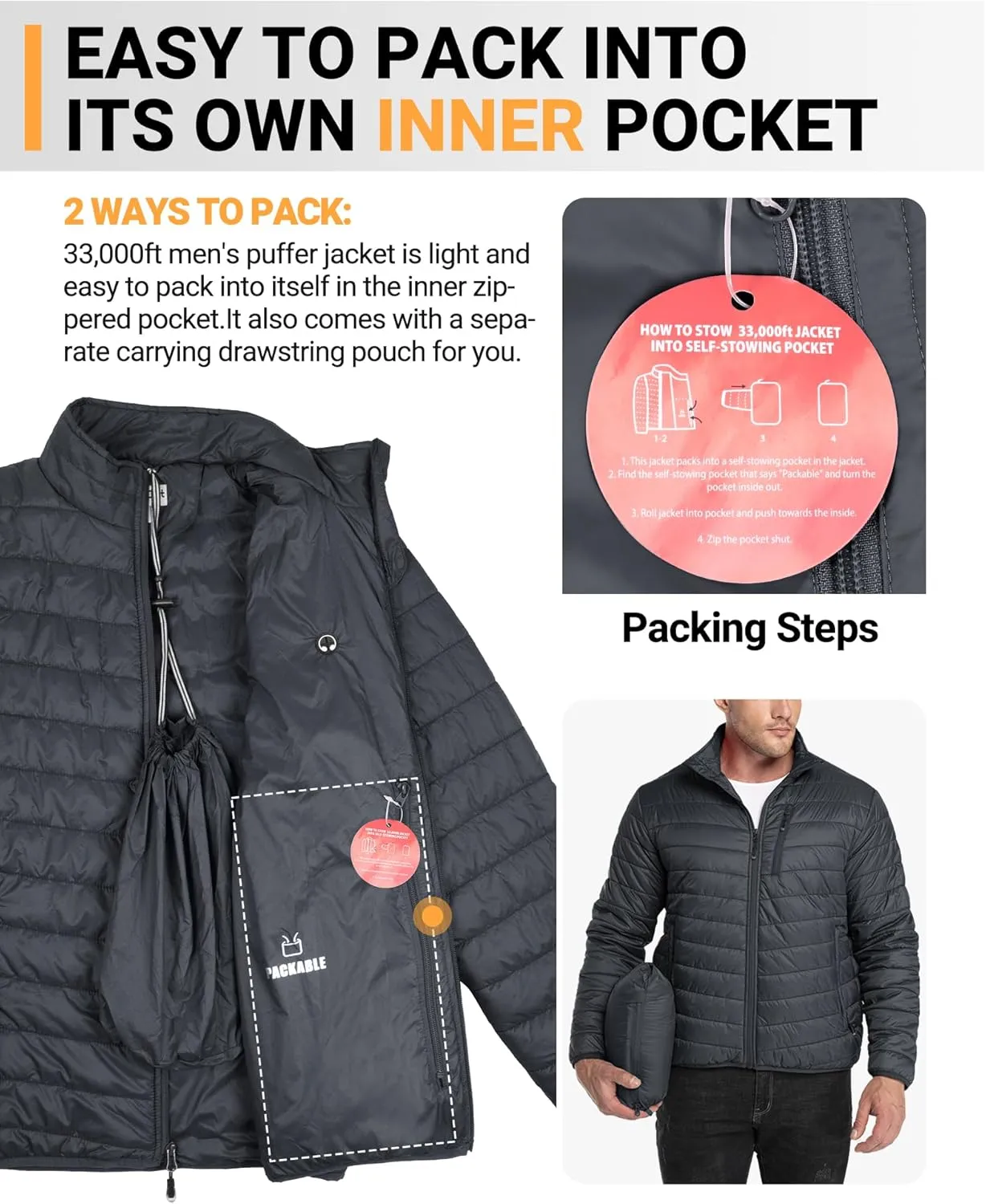 33,000ft Men's Puffer Jacket Lightweight Packable Winter Jacket
