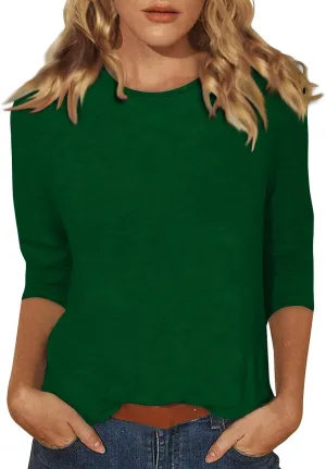 3/4 Length Sleeve Womens Tops 2025 Spring Casual Loose Fit Crew Neck T Shirts Soft Three Quarter Length Tunic Tops