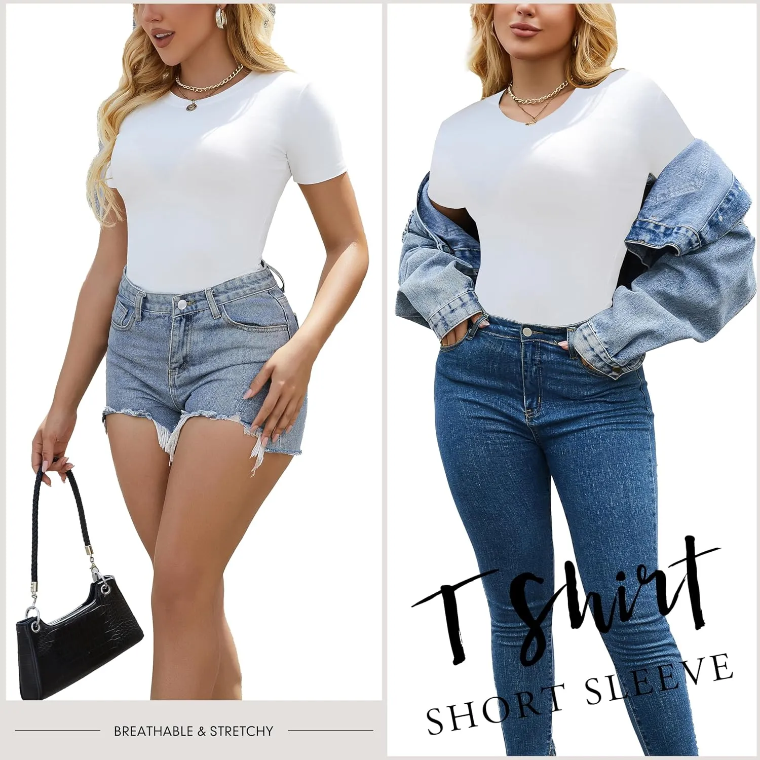 3/5 Pack Crew Neck T Shirts for Women Daily Casual Womens Fitted Tshirt Basic Tops for Women Stretchy Womens Tees