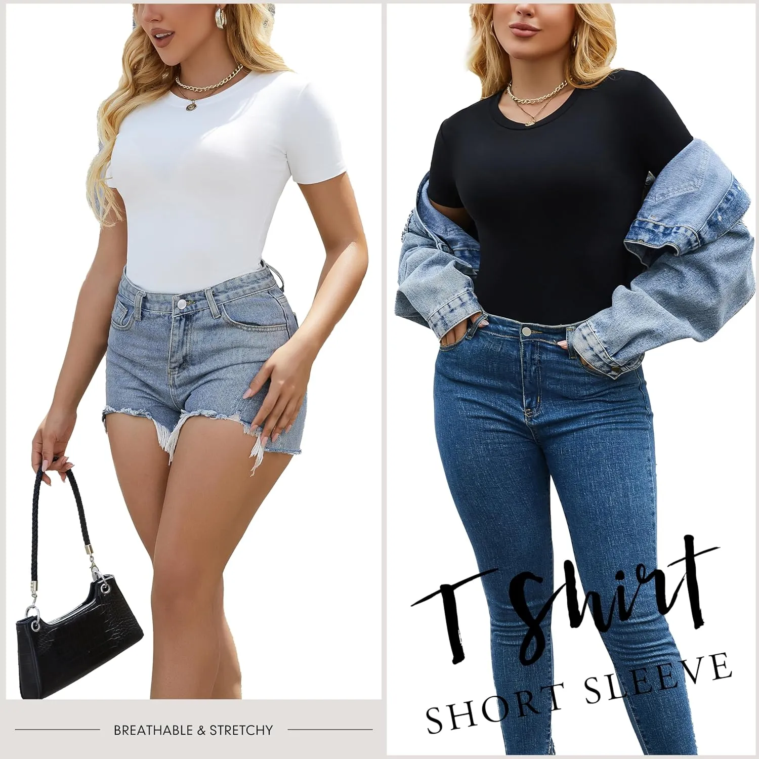 3/5 Pack Crew Neck T Shirts for Women Daily Casual Womens Fitted Tshirt Basic Tops for Women Stretchy Womens Tees