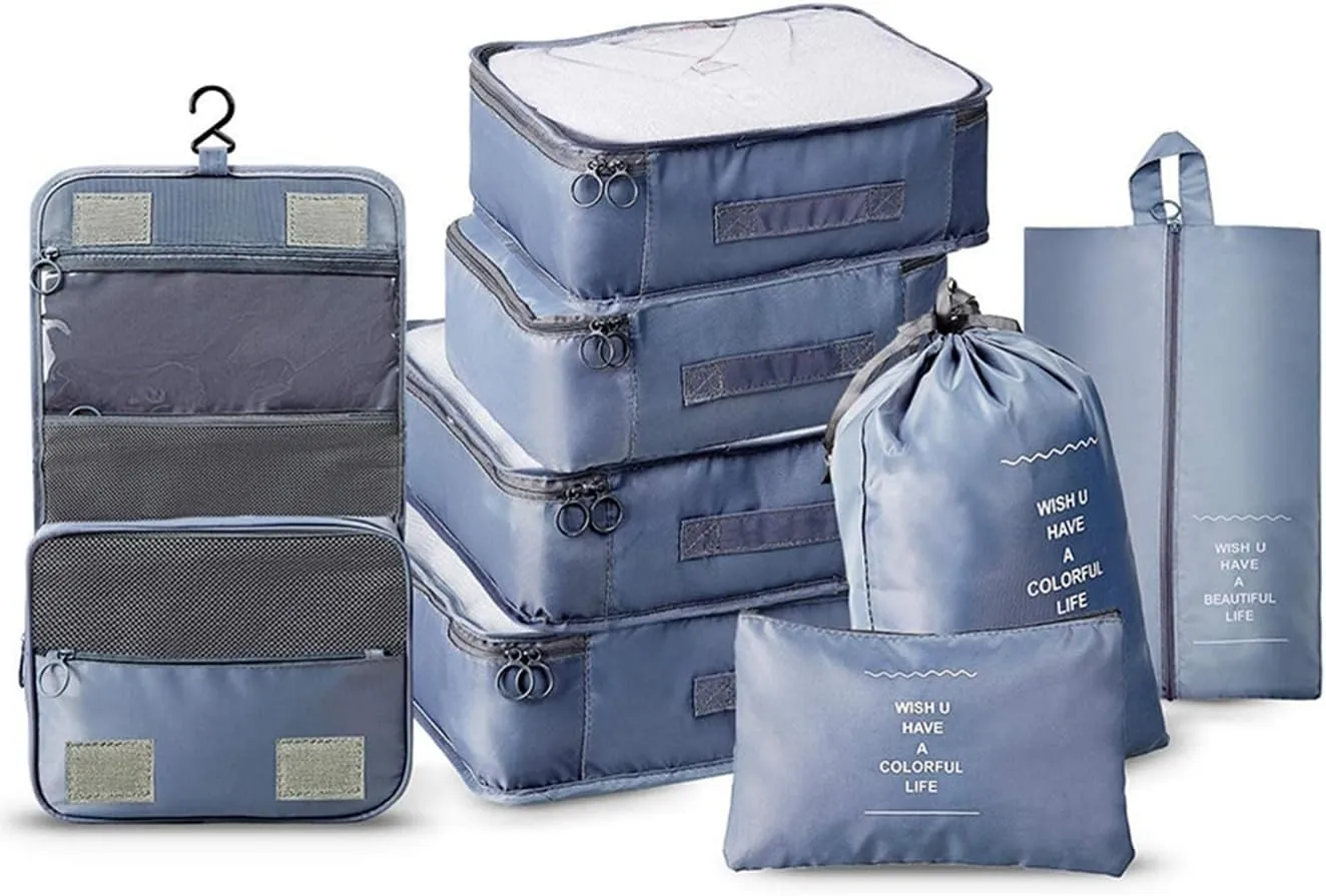8 Pcs Packing Cubes for Travel, Travel Cubes for Suitcases Lightweight Luggage Organizers Travel Essential Bag with Toiletries Bag for Clothes Shoes Cosmetics Toiletries