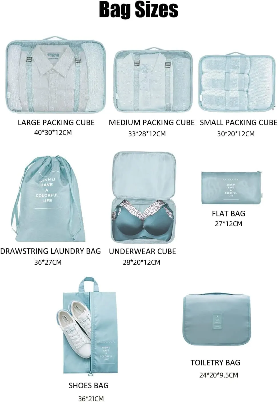 8 Pcs Packing Cubes for Travel, Travel Cubes for Suitcases Lightweight Luggage Organizers Travel Essential Bag with Toiletries Bag for Clothes Shoes Cosmetics Toiletries