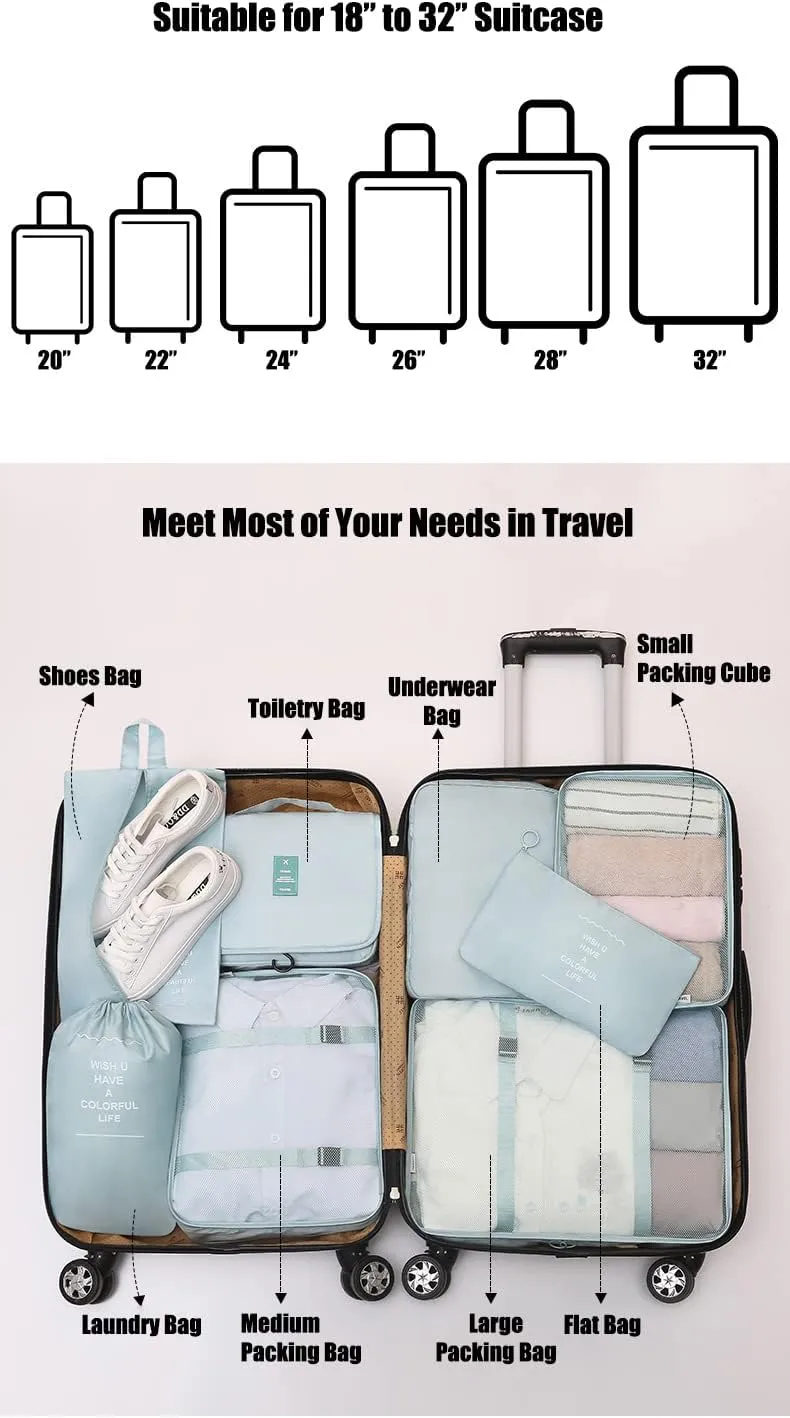 8 Pcs Packing Cubes for Travel, Travel Cubes for Suitcases Lightweight Luggage Organizers Travel Essential Bag with Toiletries Bag for Clothes Shoes Cosmetics Toiletries