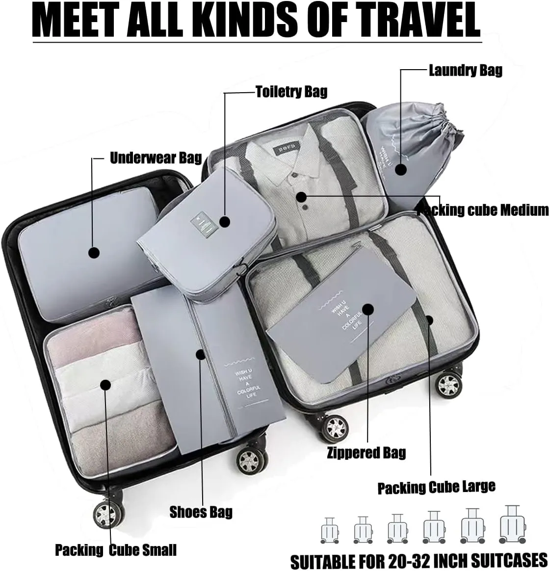 8 Set Packing Cubes, Travel Luggage Packing Organizers (Beige)