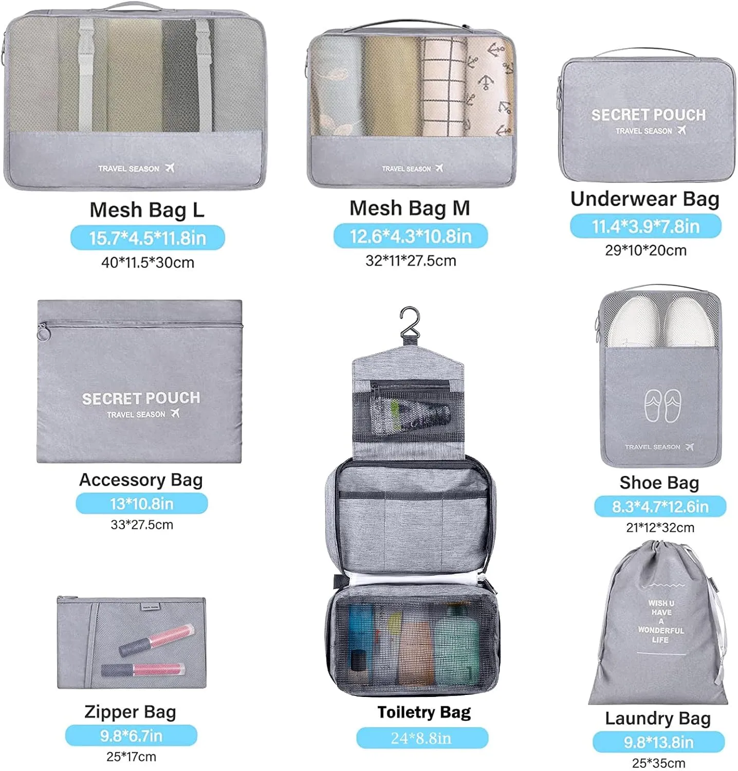 8 Set Packing Cubes, Travel Luggage Packing Organizers (GREY)