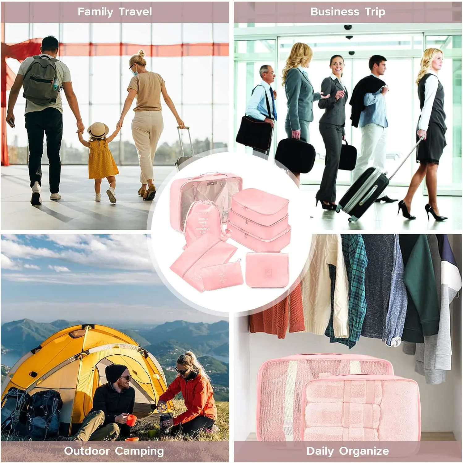 8 Set Packing Cubes, Travel Luggage Packing Organizers (PINK)
