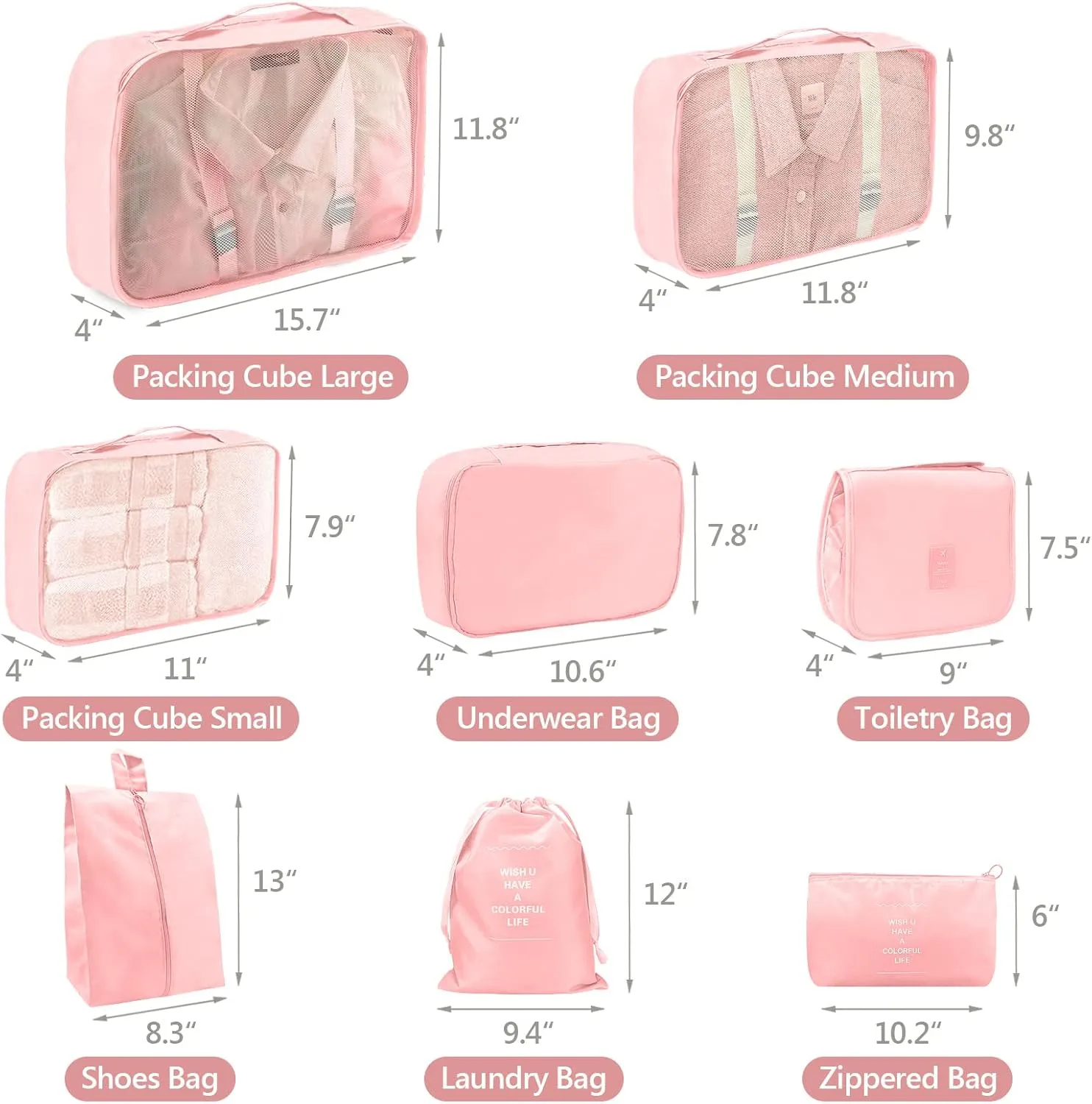 8 Set Packing Cubes, Travel Luggage Packing Organizers (PINK)