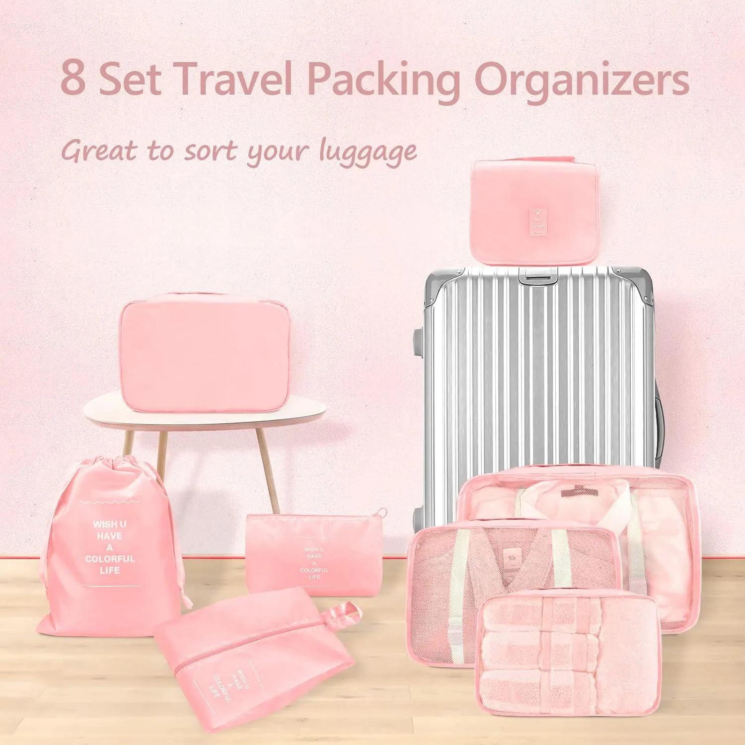 8 Set Packing Cubes, Travel Luggage Packing Organizers (PINK)