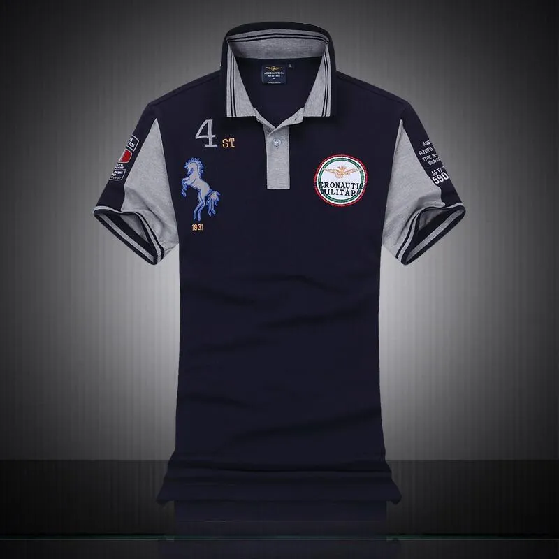 Aeronautica Militare With Horse Design Short Sleeve Shirt  Polo-Navy Blue