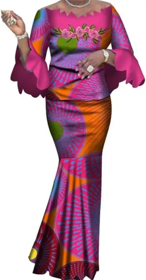 African Skirt Sets for Women Elegant Irregular Neck Tops and Long Skirts Outfits Africa Clothing