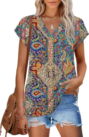 AKEWEI Womens Summer Tops Cap Sleeve V Neck T-Shirts Dressy Casual Short Sleeve Blouses Loose Fit Tunic Fashion Tees