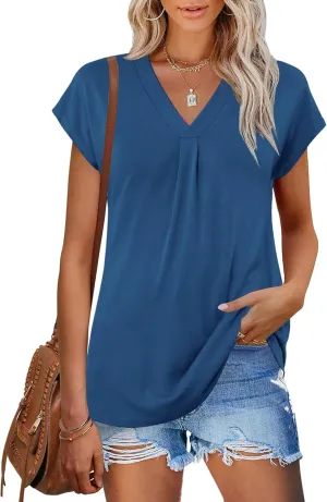 AKEWEI Womens Summer Tops Cap Sleeve V Neck T-Shirts Dressy Casual Short Sleeve Blouses Loose Fit Tunic Fashion Tees