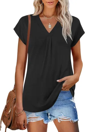 AKEWEI Womens Summer Tops Cap Sleeve V Neck T-Shirts Dressy Casual Short Sleeve Blouses Loose Fit Tunic Fashion Tees
