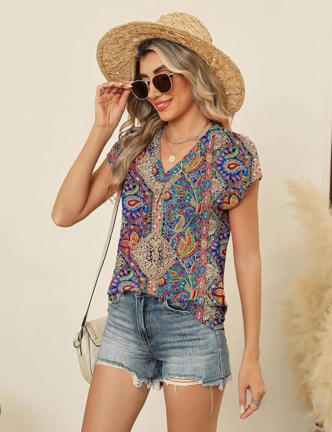 AKEWEI Womens Summer Tops Cap Sleeve V Neck T-Shirts Dressy Casual Short Sleeve Blouses Loose Fit Tunic Fashion Tees