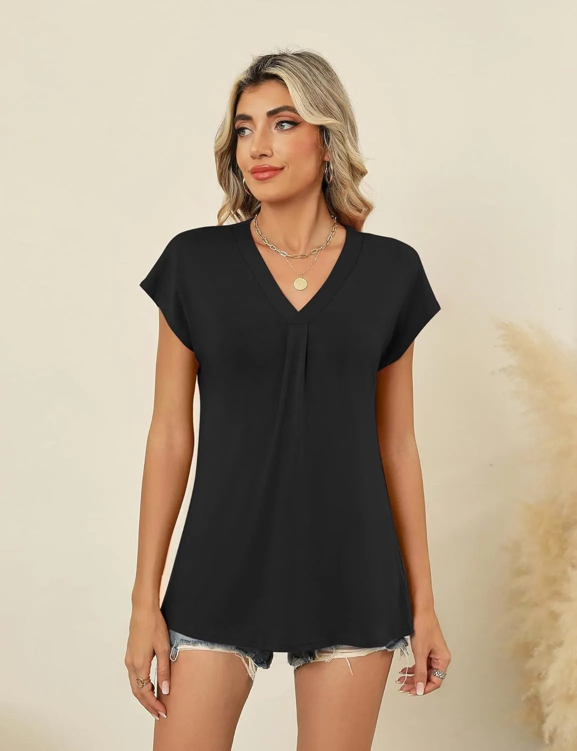AKEWEI Womens Summer Tops Cap Sleeve V Neck T-Shirts Dressy Casual Short Sleeve Blouses Loose Fit Tunic Fashion Tees