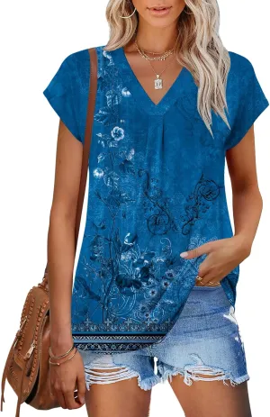 AKEWEI Womens Summer Tops Cap Sleeve V Neck T-Shirts Dressy Casual Short Sleeve Blouses Loose Fit Tunic Fashion Tees