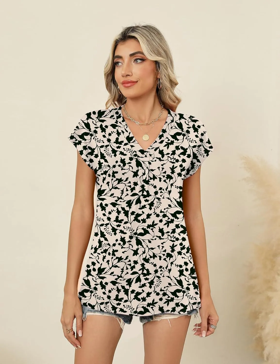 AKEWEI Womens Summer Tops Cap Sleeve V Neck T-Shirts Dressy Casual Short Sleeve Blouses Loose Fit Tunic Fashion Tees