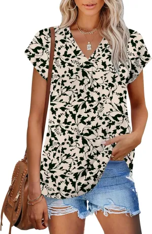 AKEWEI Womens Summer Tops Cap Sleeve V Neck T-Shirts Dressy Casual Short Sleeve Blouses Loose Fit Tunic Fashion Tees