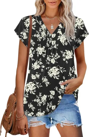 AKEWEI Womens Summer Tops Cap Sleeve V Neck T-Shirts Dressy Casual Short Sleeve Blouses Loose Fit Tunic Fashion Tees