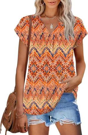 AKEWEI Womens Summer Tops Cap Sleeve V Neck T-Shirts Dressy Casual Short Sleeve Blouses Loose Fit Tunic Fashion Tees