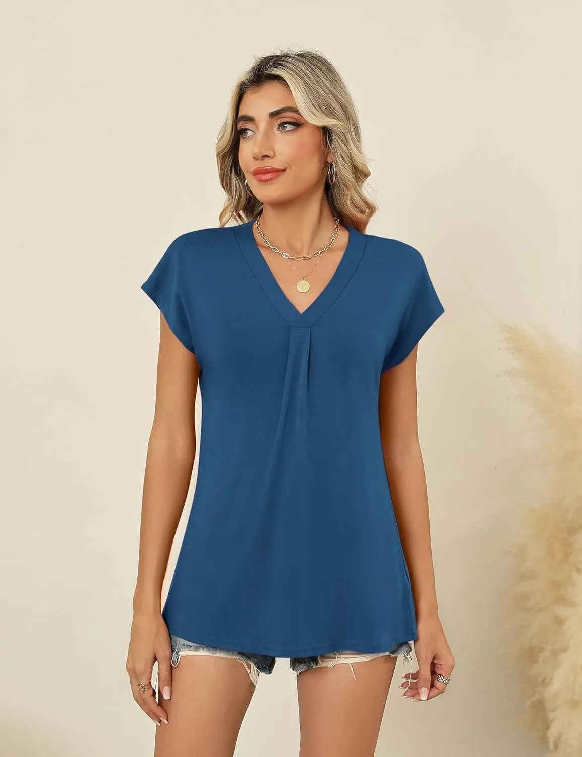 AKEWEI Womens Summer Tops Cap Sleeve V Neck T-Shirts Dressy Casual Short Sleeve Blouses Loose Fit Tunic Fashion Tees