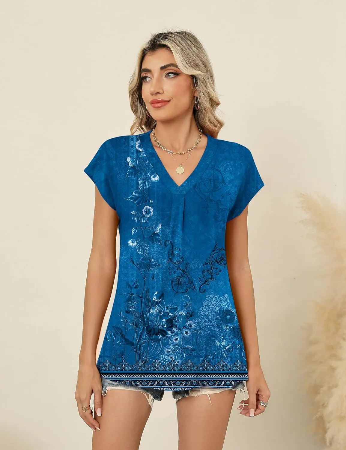 AKEWEI Womens Summer Tops Cap Sleeve V Neck T-Shirts Dressy Casual Short Sleeve Blouses Loose Fit Tunic Fashion Tees