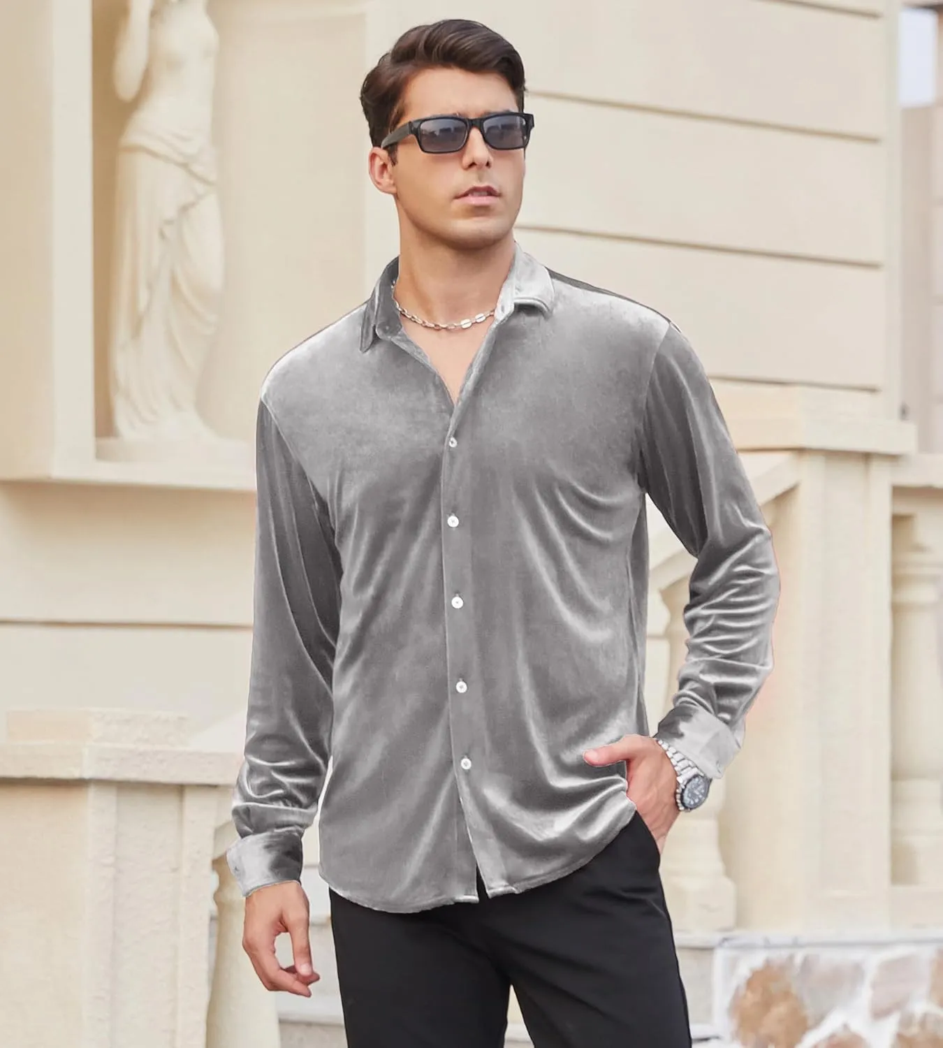 Alex Vando Mens Velvet Shirts Regular Fit Long Sleeve Soft Stretch Casual Button Down Shirt