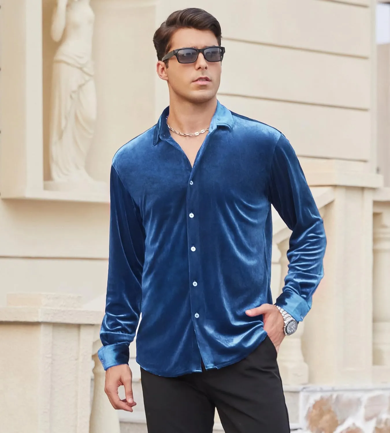 Alex Vando Mens Velvet Shirts Regular Fit Long Sleeve Soft Stretch Casual Button Down Shirt