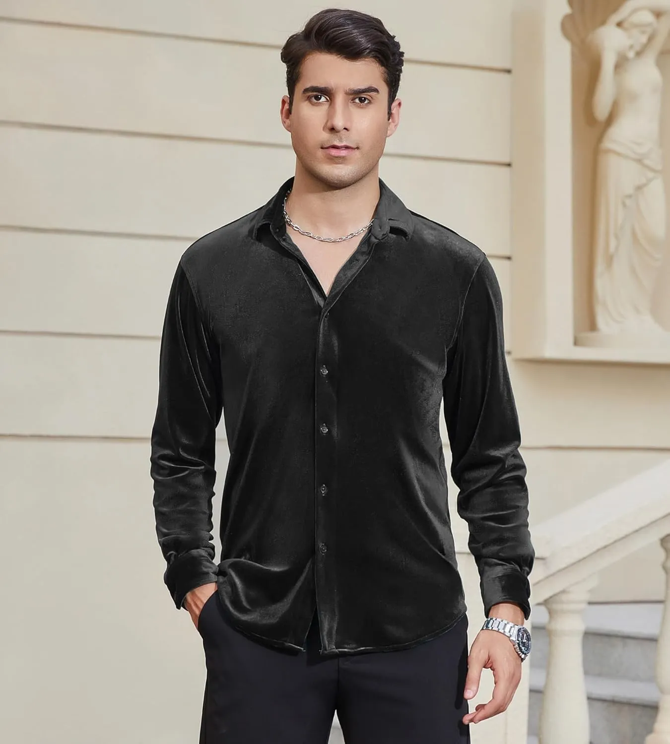 Alex Vando Mens Velvet Shirts Regular Fit Long Sleeve Soft Stretch Casual Button Down Shirt