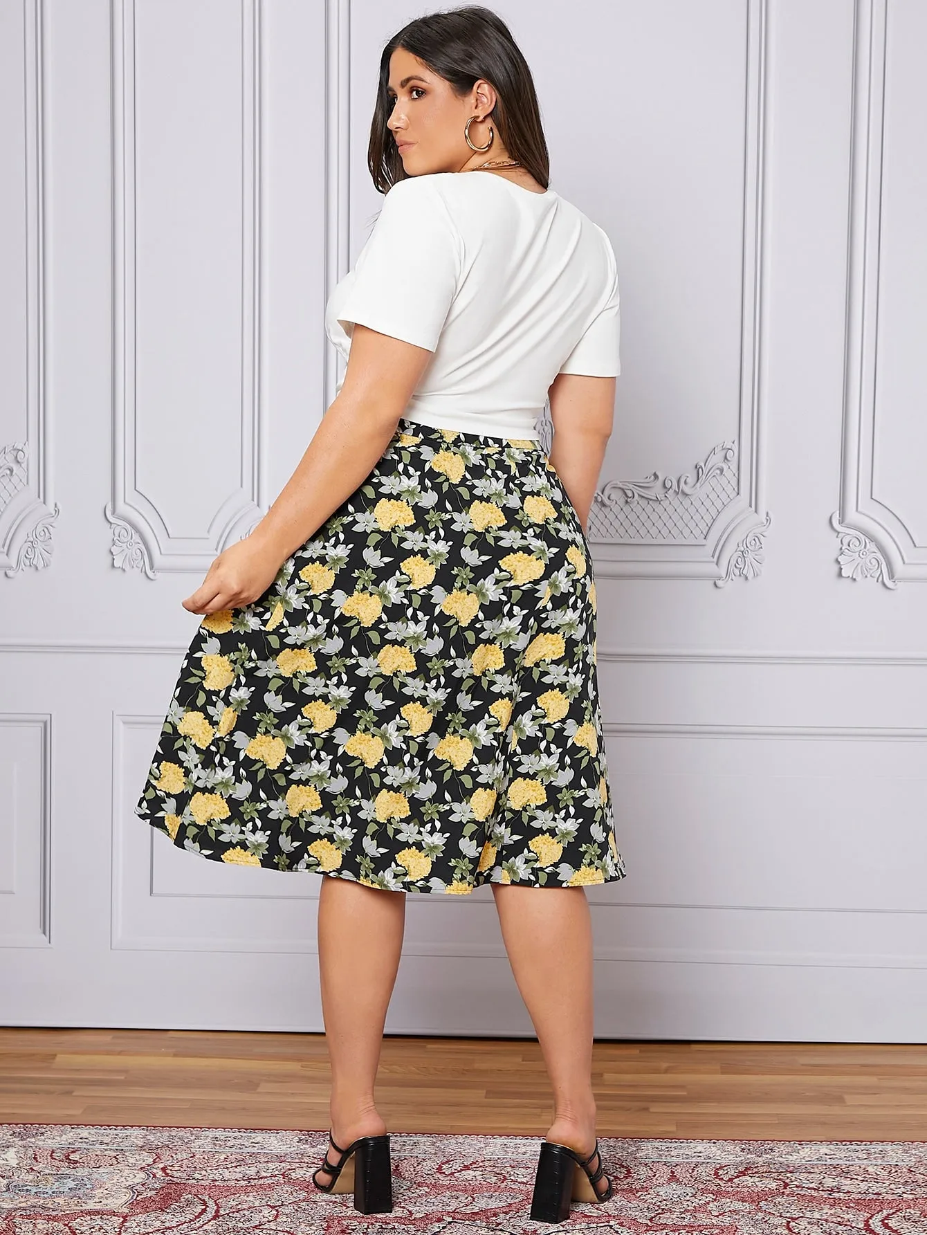 All Over Print Zipper Midi Plus Size Skirt