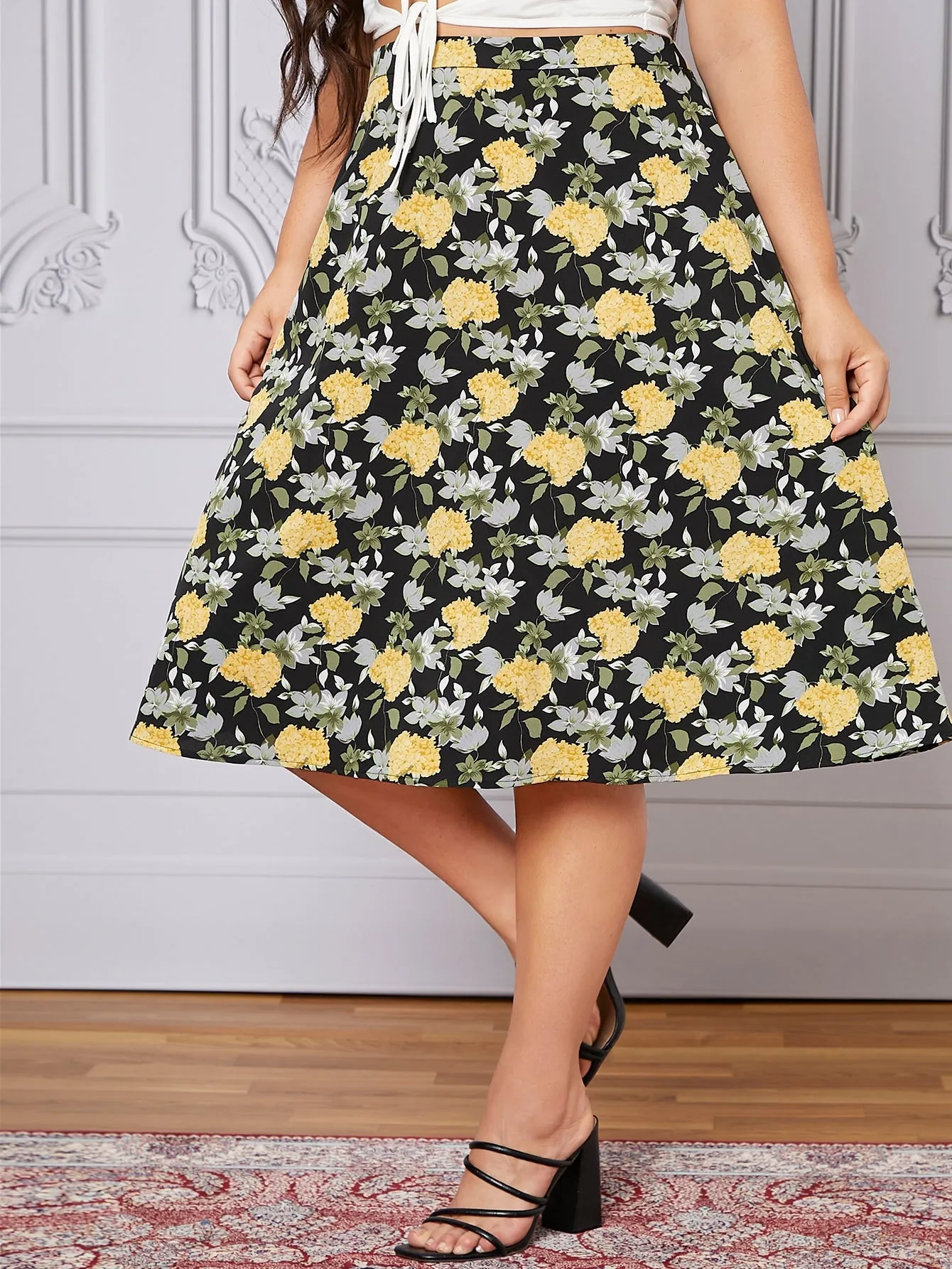 All Over Print Zipper Midi Plus Size Skirt