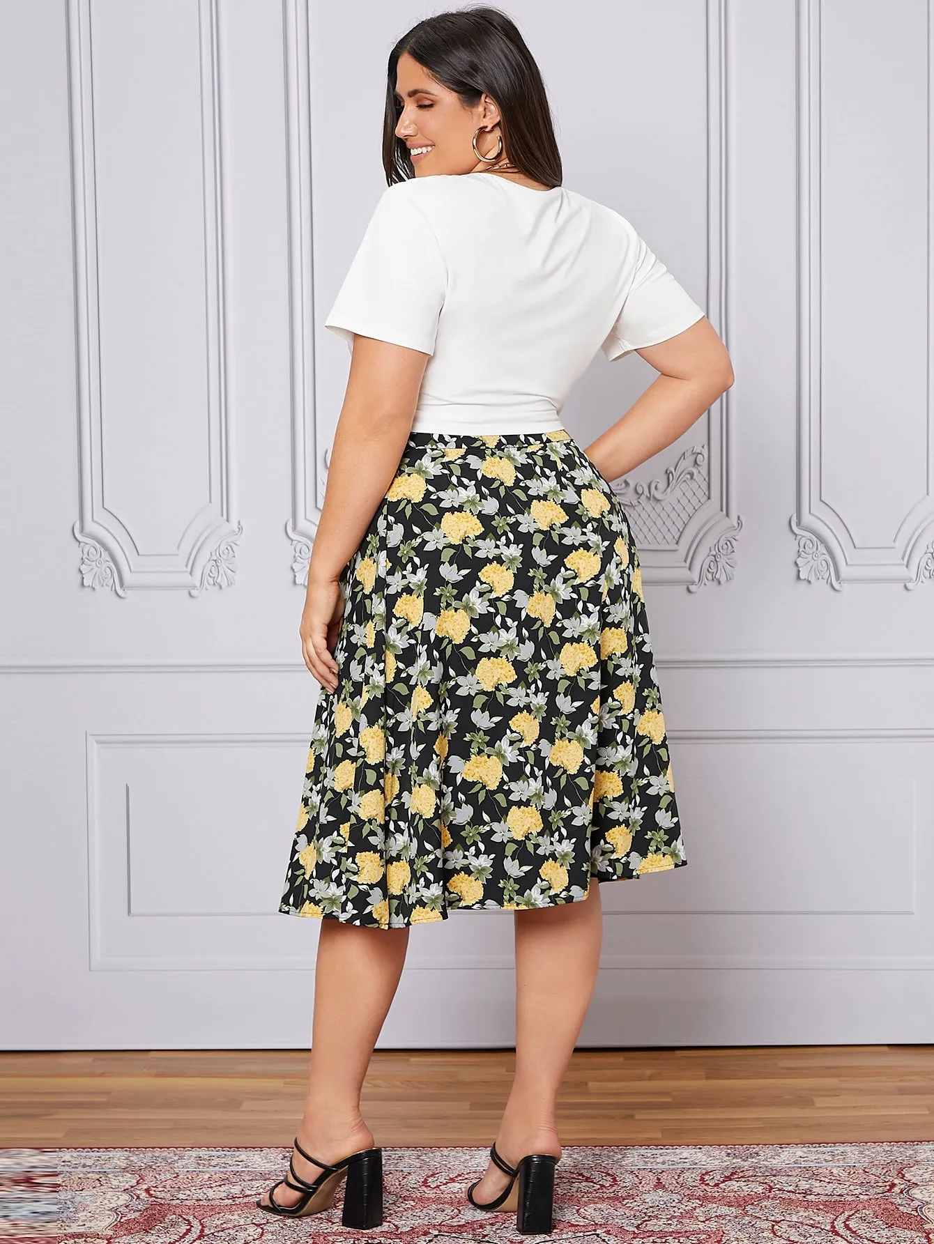All Over Print Zipper Midi Plus Size Skirt