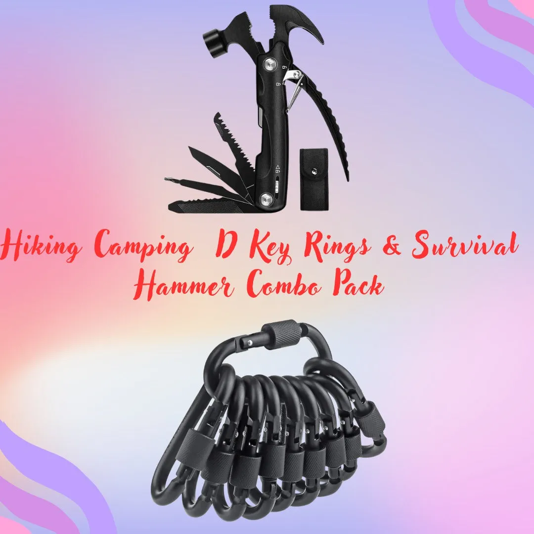 Aluminum D Key Rings Hiking Clips & All In One Multitool Survival Hammer Pack