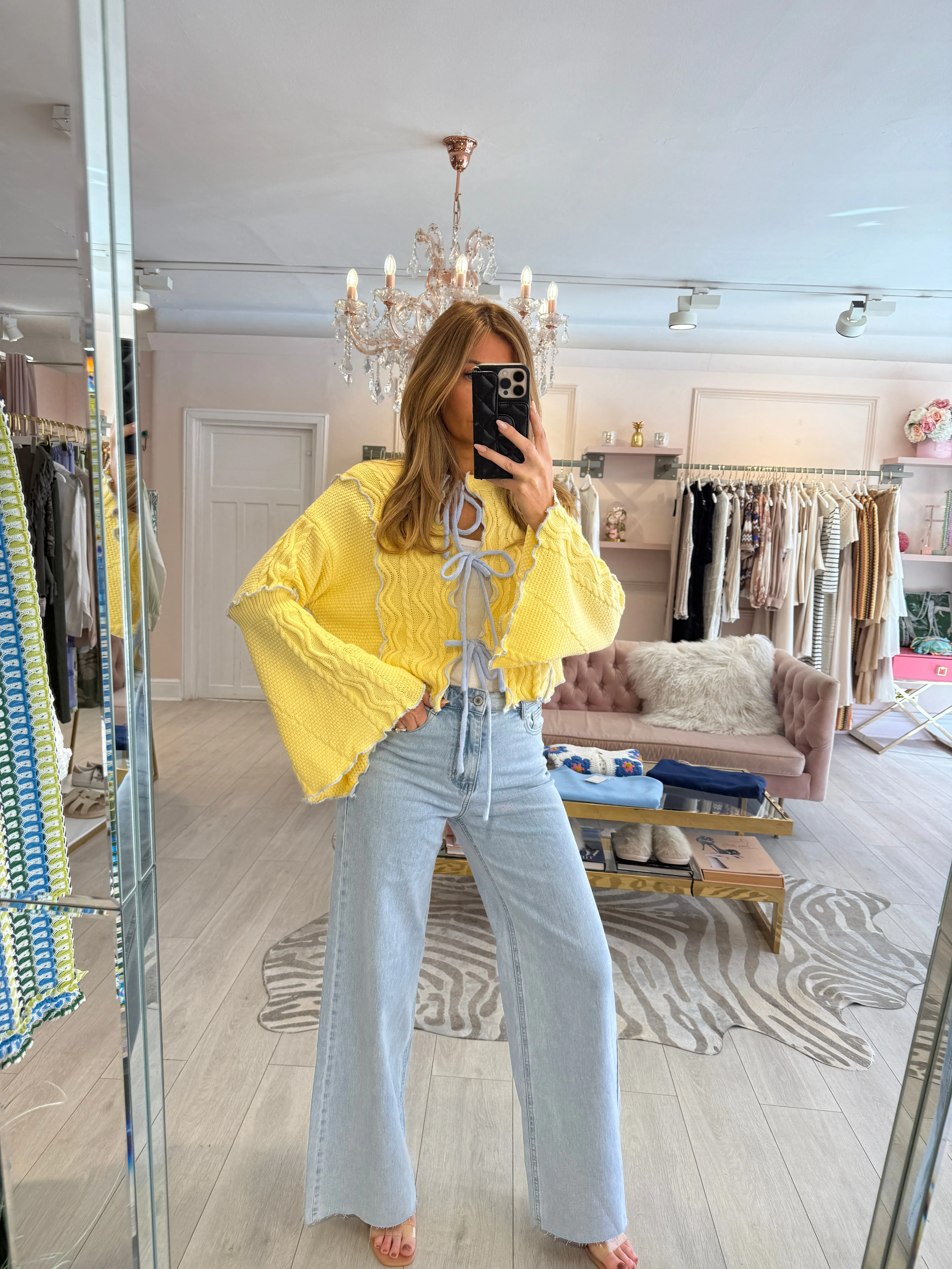ANAIS TRIPLE TIE FLUTED SLEEVE CARDIGAN LEMON