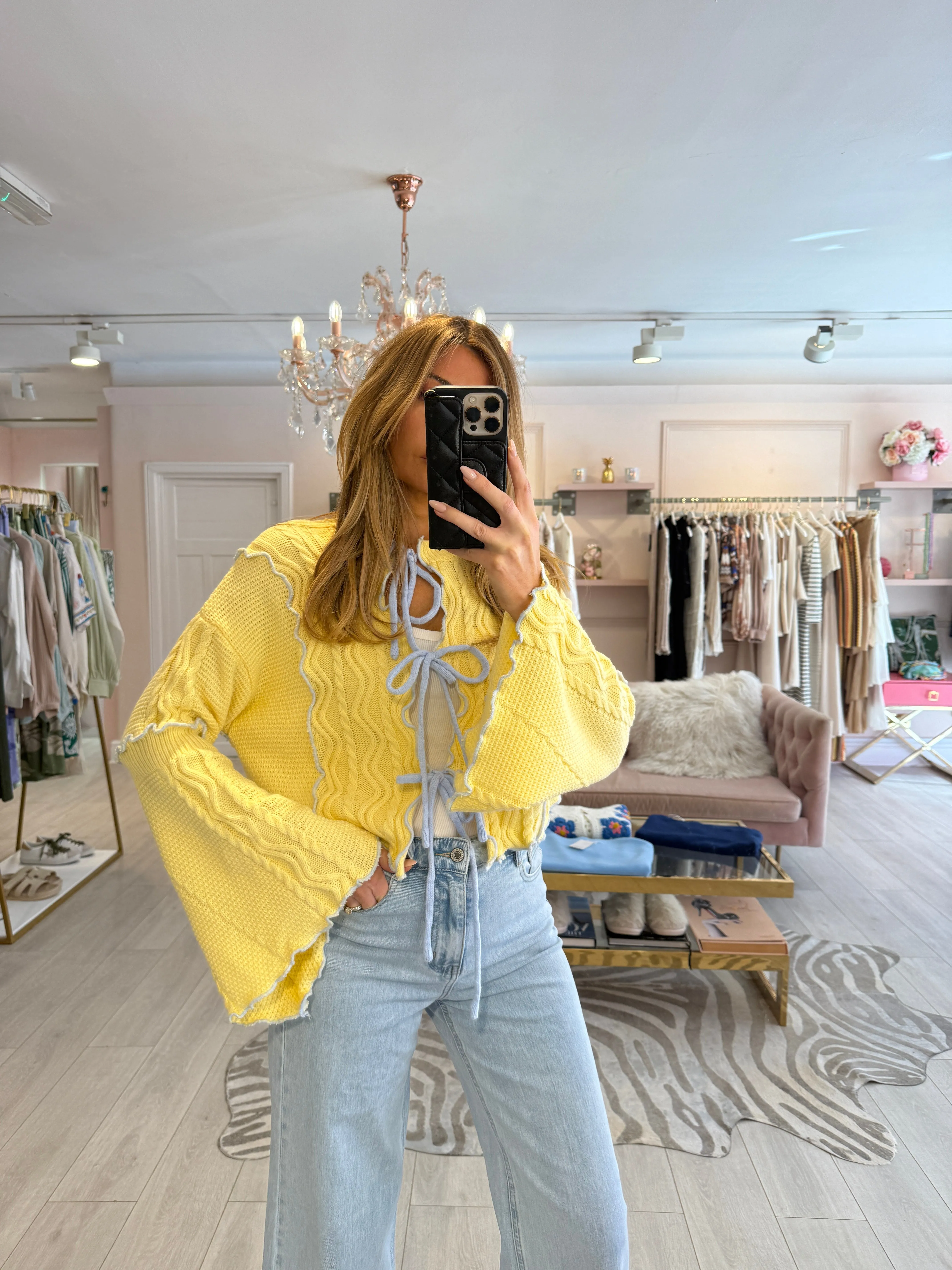 ANAIS TRIPLE TIE FLUTED SLEEVE CARDIGAN LEMON