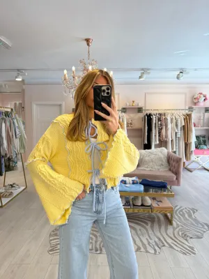 ANAIS TRIPLE TIE FLUTED SLEEVE CARDIGAN LEMON