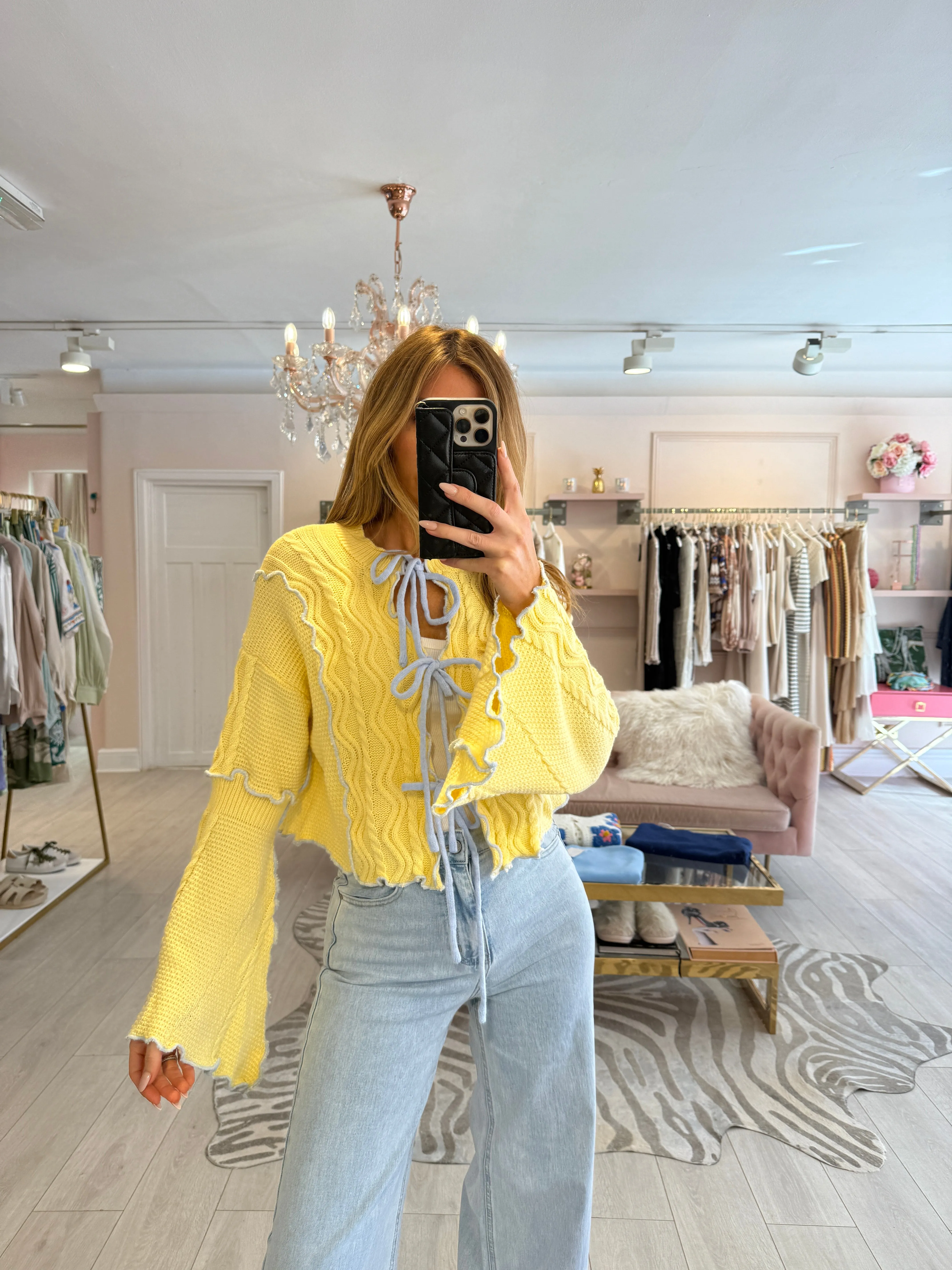 ANAIS TRIPLE TIE FLUTED SLEEVE CARDIGAN LEMON