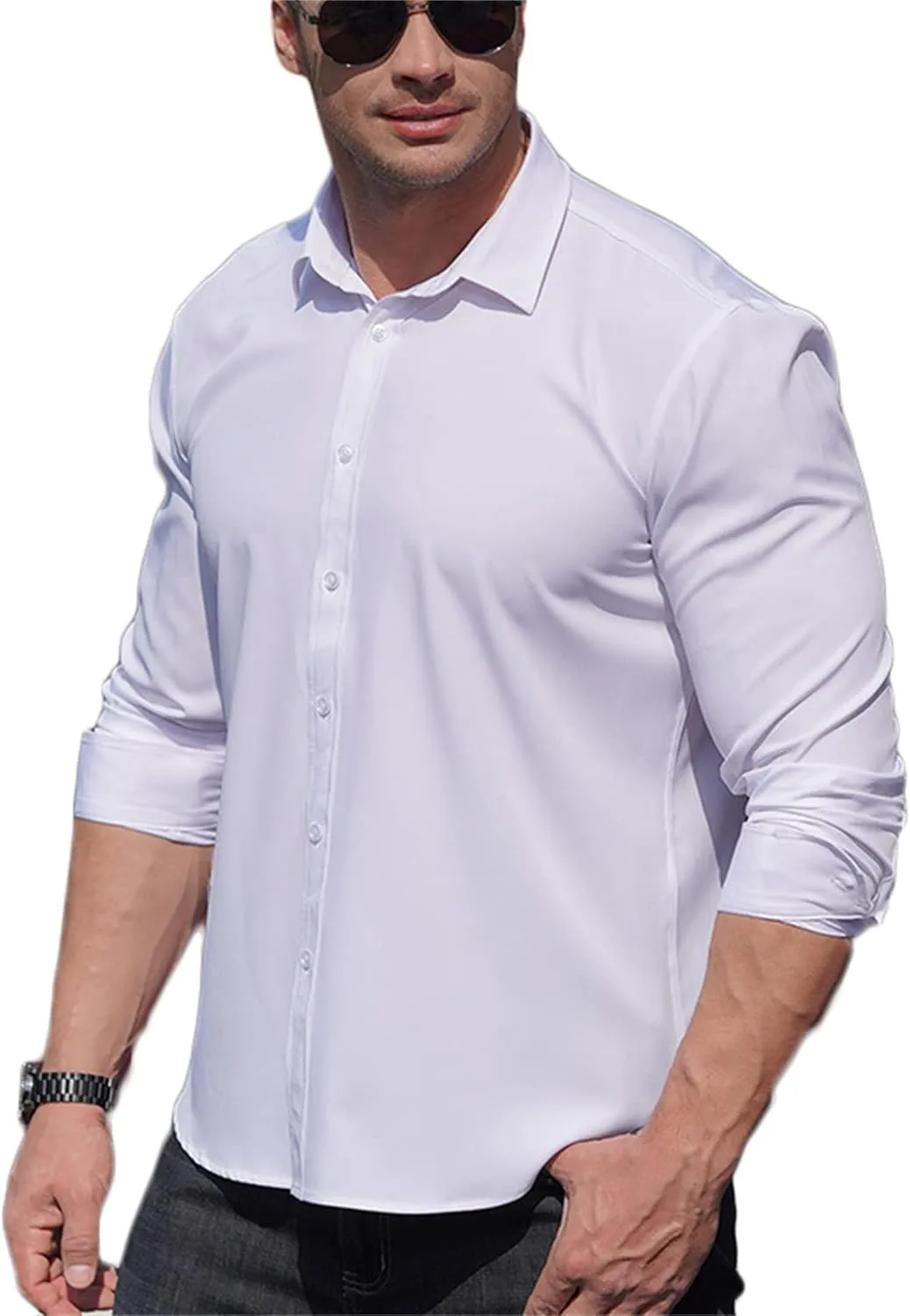 Andongnywell Men's Loose-Fit Wrinkle-Resistant Long-Sleeve Solid Dress Shirt Non Iron Business Casual Button Down Shirts