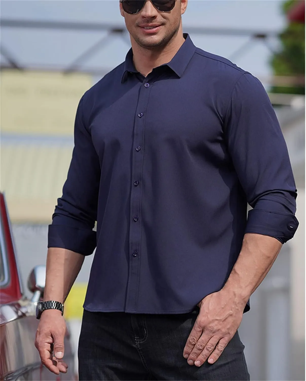 Andongnywell Men's Loose-Fit Wrinkle-Resistant Long-Sleeve Solid Dress Shirt Non Iron Business Casual Button Down Shirts